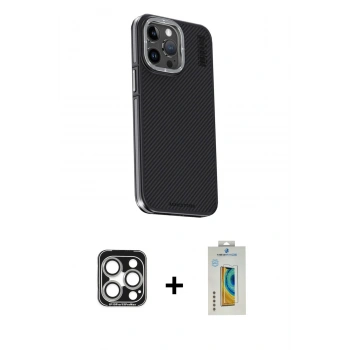 MARSİLYAN™- iPhone 15 Pro Max Kılıf Kıvılcım Modern Özel Seri - Siyah Polymer Nano Ekran Koruyucu + PVD Metal Kamera Lens - GS