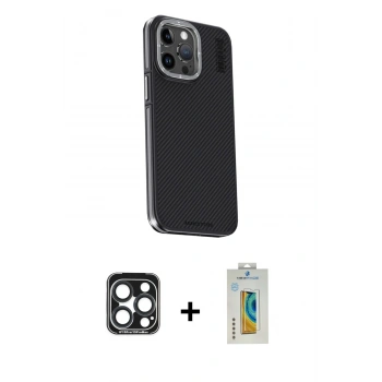MARSİLYAN™- iPhone 15 Pro Max Kılıf Kıvılcım Modern Özel Seri - Siyah Polymer Nano Ekran Koruyucu + PVD Metal Kamera Lens - LT