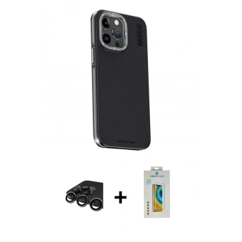 MARSİLYAN™- iPhone 15 Pro Max Kılıf Kıvılcım Modern Özel Seri - Siyah Polymer Nano Ekran Koruyucu + Raze Metal Kamera Lens - TMGI