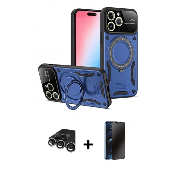 MARSİLYAN™- iPhone 15 Pro Max Kılıf Kıvılcım Modern Serisi - Siyah 3D Antistatik Hayalet Cam Ekran Koruyucu + Raze Metal Kamera Lens - GS