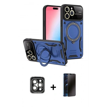 MARSİLYAN™- iPhone 15 Pro Max Kılıf Kıvılcım Modern Serisi - Siyah 3D Antistatik Hayalet Cam Ekran Koruyucu + PVD Metal Kamera Lens - GI
