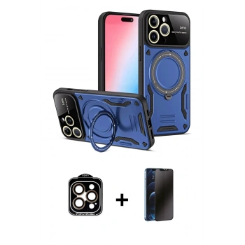 MARSİLYAN™- iPhone 15 Pro Max Kılıf Kıvılcım Modern Serisi - Siyah 3D Antistatik Hayalet Cam Ekran Koruyucu + PVD Metal Kamera Lens - TU
