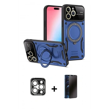 MARSİLYAN™- iPhone 15 Pro Max Kılıf Kıvılcım Modern Serisi - Siyah 3D Antistatik Hayalet Cam Ekran Koruyucu + PVD Metal Kamera Lens - GS