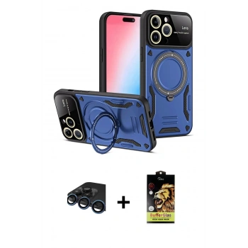 MARSİLYAN™- iPhone 15 Pro Max Kılıf Kıvılcım Modern Serisi - Siyah Buffer Cam Ekran Koruyucu + Raze Metal Kamera Lens - LT