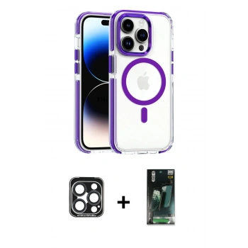MARSİLYAN™- iPhone 15 Pro Max Kılıf Kozmos Doku Koleksiyonu - Şeffaf 360 Full Body Arka Koruyucu + PVD Metal Kamera Lens - LT