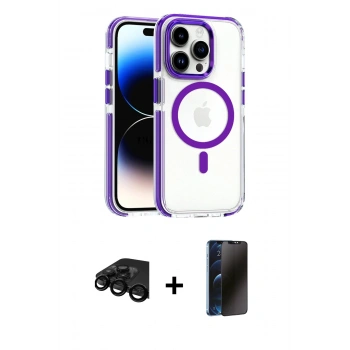 MARSİLYAN™- iPhone 15 Pro Max Kılıf Kozmos Doku Koleksiyonu - Siyah 3D Antistatik Hayalet Cam Ekran Koruyucu + Raze Metal Kamera Lens - SH