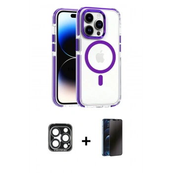 MARSİLYAN™- iPhone 15 Pro Max Kılıf Kozmos Doku Koleksiyonu - Siyah 3D Antistatik Hayalet Cam Ekran Koruyucu + PVD Metal Kamera Lens - LT