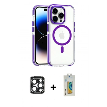 MARSİLYAN™- iPhone 15 Pro Max Kılıf Kozmos Doku Koleksiyonu - Siyah Polymer Nano Ekran Koruyucu + PVD Metal Kamera Lens - LT