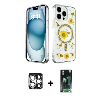 MARSİLYAN™- iPhone 15 Pro Max Kılıf Kozmos Doku - Şeffaf 360 Full Body Arka Koruyucu + PVD Metal Kamera Lens - GS
