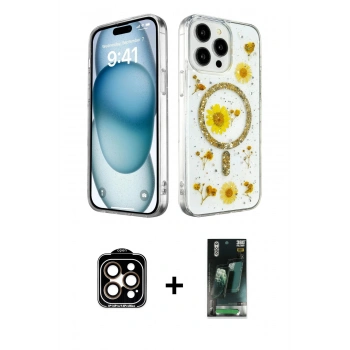 MARSİLYAN™- iPhone 15 Pro Max Kılıf Kozmos Doku - Şeffaf 360 Full Body Arka Koruyucu + PVD Metal Kamera Lens - TU