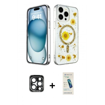 MARSİLYAN™- iPhone 15 Pro Max Kılıf Kozmos Doku - Şeffaf Pasifik Cam Ekran Koruyucu + PVD Metal Kamera Lens - LT