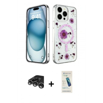 MARSİLYAN™- iPhone 15 Pro Max Kılıf Kozmos Doku - Şeffaf Pasifik Cam Ekran Koruyucu + Raze Metal Kamera Lens - GS