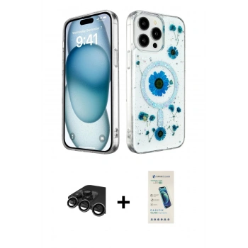 MARSİLYAN™- iPhone 15 Pro Max Kılıf Kozmos Doku - Şeffaf Pasifik Cam Ekran Koruyucu + Raze Metal Kamera Lens - TMGI