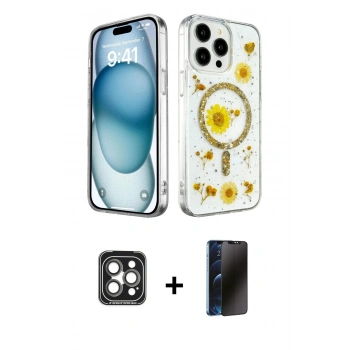 MARSİLYAN™- iPhone 15 Pro Max Kılıf Kozmos Doku - Siyah 3D Antistatik Hayalet Cam Ekran Koruyucu + PVD Metal Kamera Lens - GI