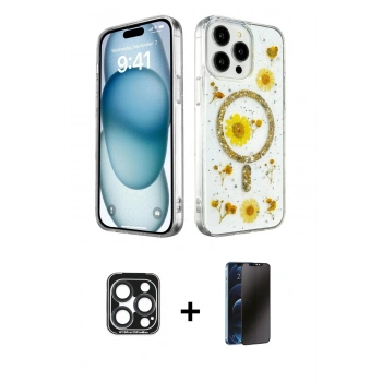 MARSİLYAN™- iPhone 15 Pro Max Kılıf Kozmos Doku - Siyah 3D Antistatik Hayalet Cam Ekran Koruyucu + PVD Metal Kamera Lens - LT