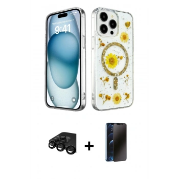 MARSİLYAN™- iPhone 15 Pro Max Kılıf Kozmos Doku - Siyah 3D Antistatik Hayalet Cam Ekran Koruyucu + Raze Metal Kamera Lens - SH