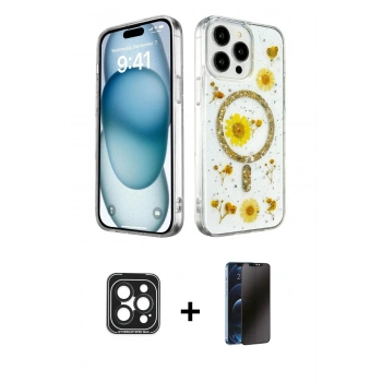 MARSİLYAN™- iPhone 15 Pro Max Kılıf Kozmos Doku - Siyah 3D Antistatik Hayalet Cam Ekran Koruyucu + PVD Metal Kamera Lens - SH