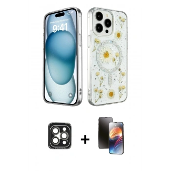 MARSİLYAN™- iPhone 15 Pro Max Kılıf Kozmos Doku - Siyah 3D Antistatik Mat Seramik Nano Ekran Koruyucu + PVD Metal Kamera Lens - GI