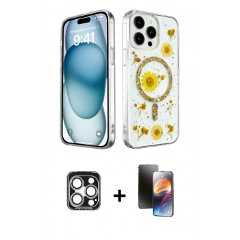 MARSİLYAN™- iPhone 15 Pro Max Kılıf Kozmos Doku - Siyah 3D Antistatik Mat Seramik Nano Ekran Koruyucu + PVD Metal Kamera Lens - GS