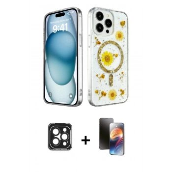 MARSİLYAN™- iPhone 15 Pro Max Kılıf Kozmos Doku - Siyah 3D Antistatik Mat Seramik Nano Ekran Koruyucu + PVD Metal Kamera Lens - SH