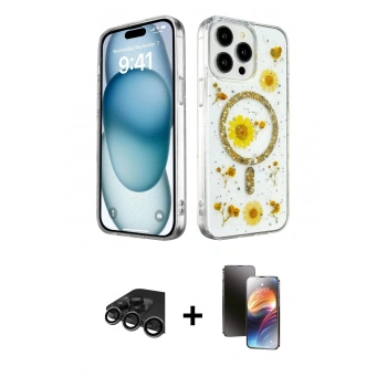 MARSİLYAN™- iPhone 15 Pro Max Kılıf Kozmos Doku - Siyah 3D Antistatik Mat Seramik Nano Ekran Koruyucu + Raze Metal Kamera Lens - TMGI