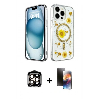 MARSİLYAN™- iPhone 15 Pro Max Kılıf Kozmos Doku - Siyah 3D Antistatik Mat Seramik Nano Ekran Koruyucu + PVD Metal Kamera Lens - TU