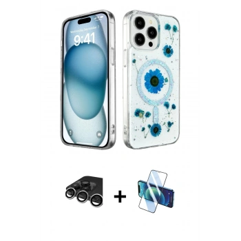 MARSİLYAN™- iPhone 15 Pro Max Kılıf Kozmos Doku - Siyah 3D Antistatik Seramik Nano Ekran Koruyucu + Raze Metal Kamera Lens - GS