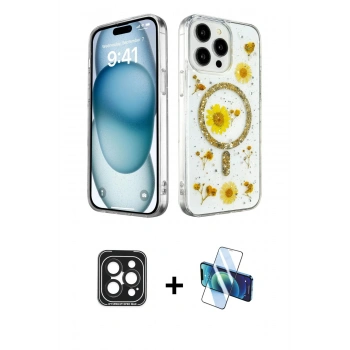 MARSİLYAN™- iPhone 15 Pro Max Kılıf Kozmos Doku - Siyah 3D Antistatik Seramik Nano Ekran Koruyucu + PVD Metal Kamera Lens - SH