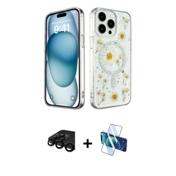 MARSİLYAN™- iPhone 15 Pro Max Kılıf Kozmos Doku - Siyah 3D Antistatik Seramik Nano Ekran Koruyucu + Raze Metal Kamera Lens - SH