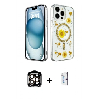 MARSİLYAN™- iPhone 15 Pro Max Kılıf Kozmos Doku - Siyah Bilvis 0.18mm Plus Cam Ekran Koruyucu + PVD Metal Kamera Lens - TU