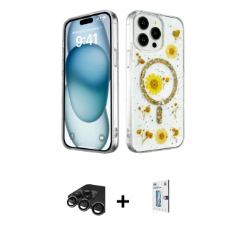 MARSİLYAN™- iPhone 15 Pro Max Kılıf Kozmos Doku - Siyah Bilvis 0.18mm Plus Cam Ekran Koruyucu + Raze Metal Kamera Lens - TMGI