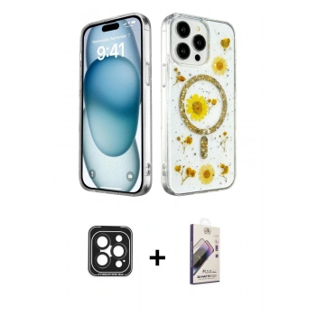 MARSİLYAN™- iPhone 15 Pro Max Kılıf Kozmos Doku - Siyah Bilvis 3D Mat Cam Ekran Koruyucu + PVD Metal Kamera Lens - SH