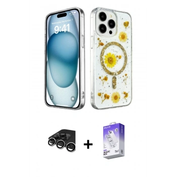MARSİLYAN™- iPhone 15 Pro Max Kılıf Kozmos Doku - Siyah Bilvis 5in1 3D Magic Cam Ekran Koruyucu + Raze Metal Kamera Lens - GS
