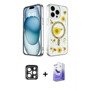 MARSİLYAN™- iPhone 15 Pro Max Kılıf Kozmos Doku - Siyah Bilvis 5in1 5D Magic Hayalet Cam Ekran Koruyucu + PVD Metal Kamera Lens - LT