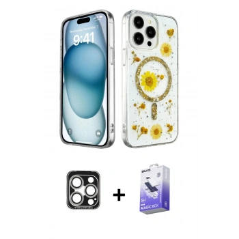 MARSİLYAN™- iPhone 15 Pro Max Kılıf Kozmos Doku - Siyah Bilvis 5in1 5D Magic Hayalet Cam Ekran Koruyucu + PVD Metal Kamera Lens - GS