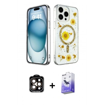 MARSİLYAN™- iPhone 15 Pro Max Kılıf Kozmos Doku - Siyah Bilvis 5in1 5D Magic Hayalet Cam Ekran Koruyucu + PVD Metal Kamera Lens - TU