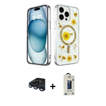 MARSİLYAN™- iPhone 15 Pro Max Kılıf Kozmos Doku - Siyah Bilvis Hayalet Cam Ekran Koruyucu + Raze Metal Kamera Lens - LT