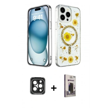 MARSİLYAN™- iPhone 15 Pro Max Kılıf Kozmos Doku - Siyah Bilvis Hayalet Cam Ekran Koruyucu + PVD Metal Kamera Lens - SH
