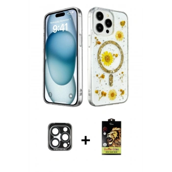 MARSİLYAN™- iPhone 15 Pro Max Kılıf Kozmos Doku - Siyah Buffer Cam Ekran Koruyucu + PVD Metal Kamera Lens - LT