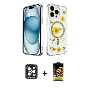 MARSİLYAN™- iPhone 15 Pro Max Kılıf Kozmos Doku - Siyah Buffer Cam Ekran Koruyucu + PVD Metal Kamera Lens - SH