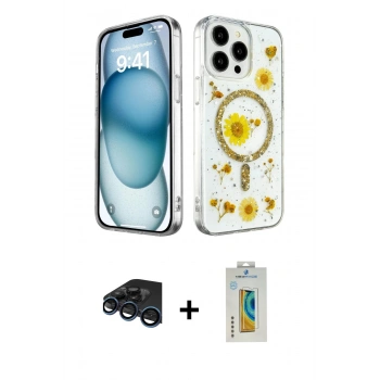 MARSİLYAN™- iPhone 15 Pro Max Kılıf Kozmos Doku - Siyah Polymer Nano Ekran Koruyucu + Raze Metal Kamera Lens - LT
