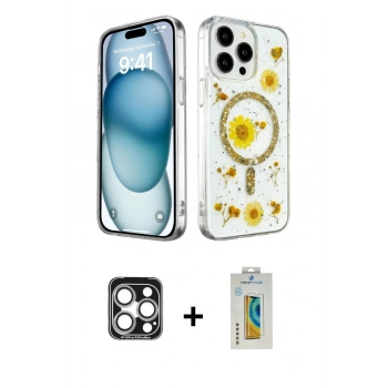 MARSİLYAN™- iPhone 15 Pro Max Kılıf Kozmos Doku - Siyah Polymer Nano Ekran Koruyucu + PVD Metal Kamera Lens - GS