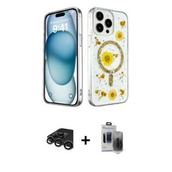 MARSİLYAN™- iPhone 15 Pro Max Kılıf Kozmos Doku - Siyah Vanessa Magic Hayalet Cam + Raze Metal Kamera Lens - TMGI