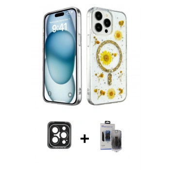 MARSİLYAN™- iPhone 15 Pro Max Kılıf Kozmos Doku - Siyah Vanessa Magic Hayalet Cam + PVD Metal Kamera Lens - SH