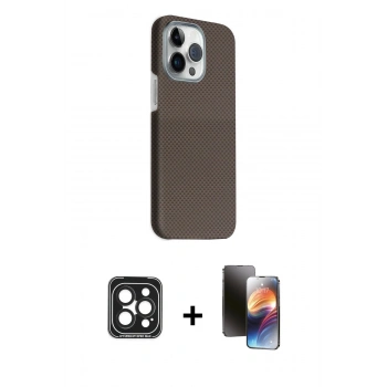 MARSİLYAN™- iPhone 15 Pro Max Kılıf Kozmos Klasik Prime - Siyah 3D Antistatik Mat Seramik Nano Ekran Koruyucu + PVD Metal Kamera Lens - SH