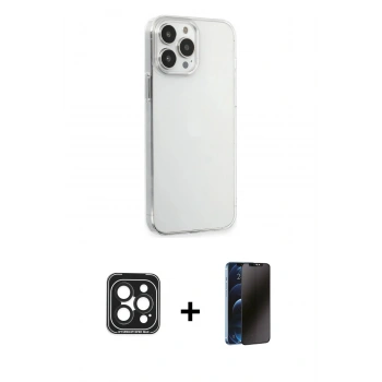 MARSİLYAN™- iPhone 15 Pro Max Kılıf Kutup Doku Koleksiyonu - Siyah 3D Antistatik Hayalet Cam Ekran Koruyucu + PVD Metal Kamera Lens - SH