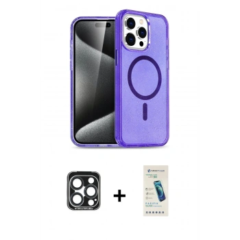MARSİLYAN™- iPhone 15 Pro Max Kılıf Nova Asil Prime - Şeffaf Pasifik Cam Ekran Koruyucu + PVD Metal Kamera Lens - LT