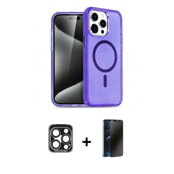 MARSİLYAN™- iPhone 15 Pro Max Kılıf Nova Asil Prime - Siyah 3D Antistatik Hayalet Cam Ekran Koruyucu + PVD Metal Kamera Lens - LT