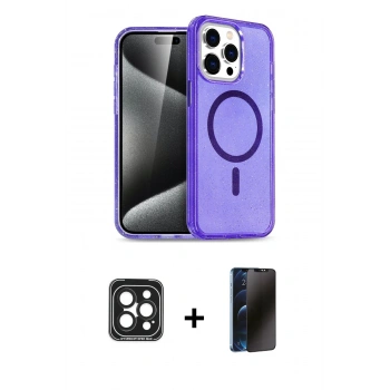 MARSİLYAN™- iPhone 15 Pro Max Kılıf Nova Asil Prime - Siyah 3D Antistatik Hayalet Cam Ekran Koruyucu + PVD Metal Kamera Lens - SH