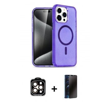 MARSİLYAN™- iPhone 15 Pro Max Kılıf Nova Asil Prime - Siyah 3D Antistatik Hayalet Cam Ekran Koruyucu + PVD Metal Kamera Lens - TU